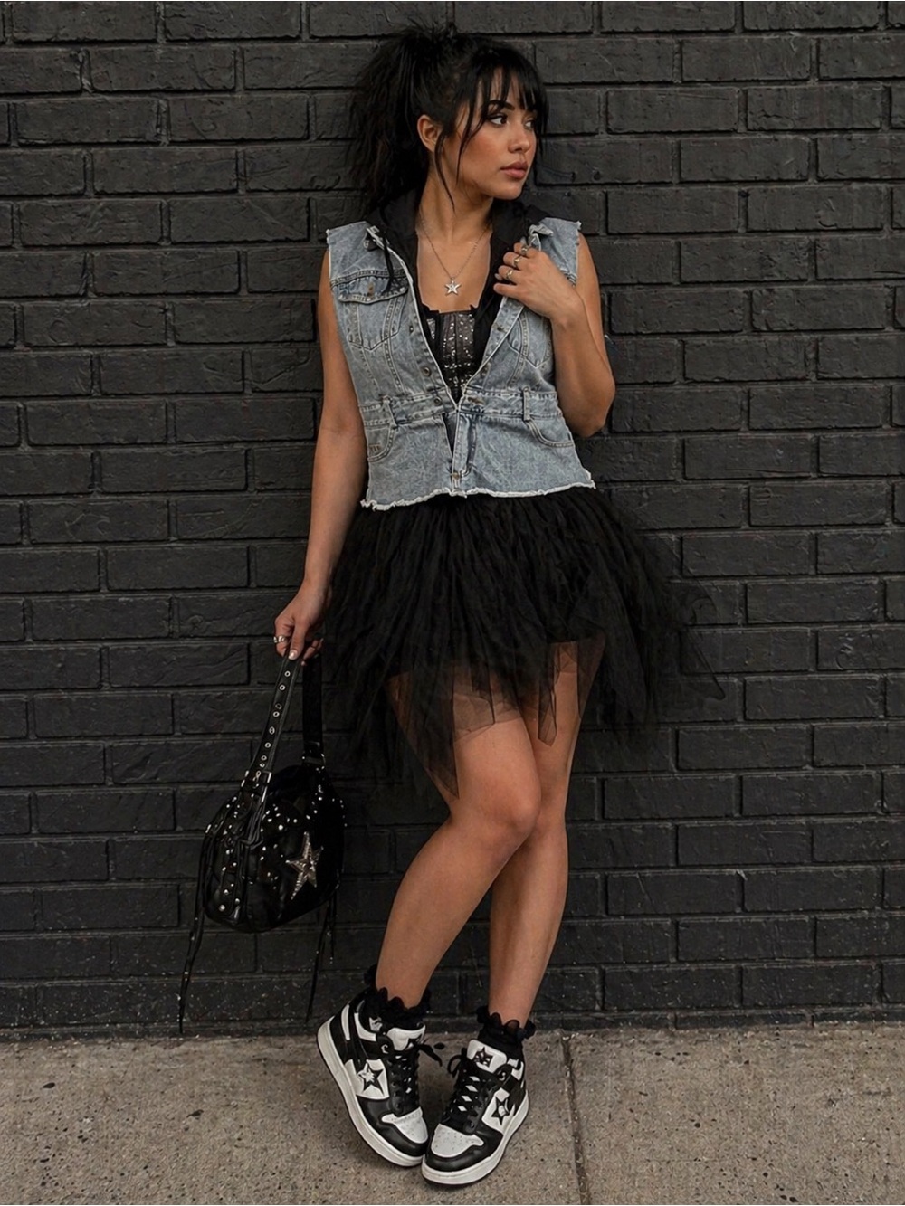 Denim Vest Tulle Skirt Dress - Light Blue & Black with Sheer Corset Top